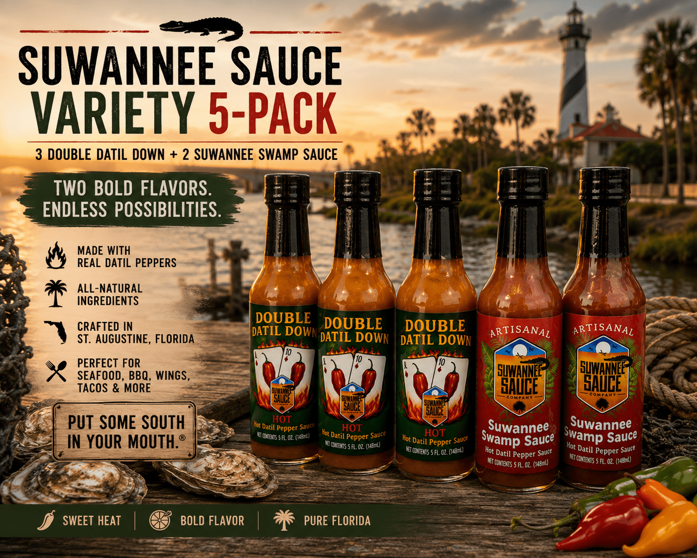 Suwannee Sauce Variety 5 pack 3 Double Datil Down and 2 Suwannee Swamp Sauce - Suwannee Sauce Company